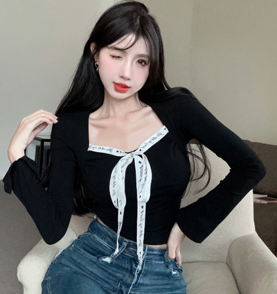 X430 collar bowknot long sleeve slit pure desire bottoming T-shirt