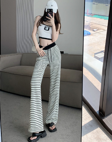 X321 spot loose striped wide-leg trousers waist contrast color drawstring spring and summer trousers