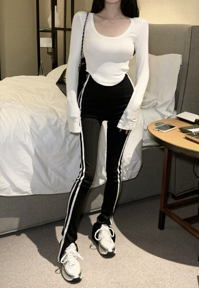 X372 กางเกงถูพื้นลายทางเอวสูงสลิมกางเกงซับกางเกงสีดำขนาดเล็กของผู้หญิงด้านบนคอกลมสั้น 