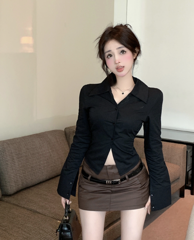 X571 slimming lapel long-sleeved shirt with hips and high waist skirt
