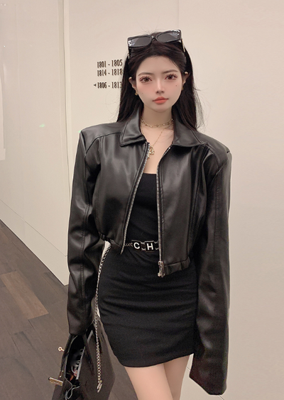 X373  celebrity high-waisted leather jacket women's short spring and summer new spring and autumn top