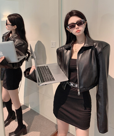 X373  celebrity high-waisted leather jacket women's short spring and summer new spring and autumn top