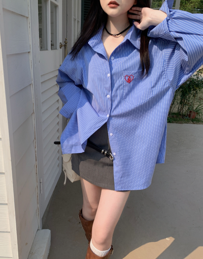 X437 love embroidery lazy style loose all-match striped shirt