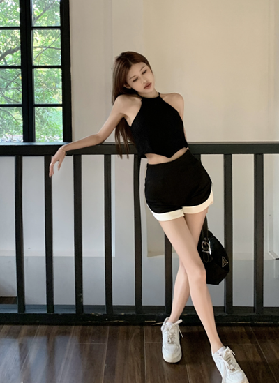 X438 backless tube top slim knitted camisole + high waist tight hot pants shorts