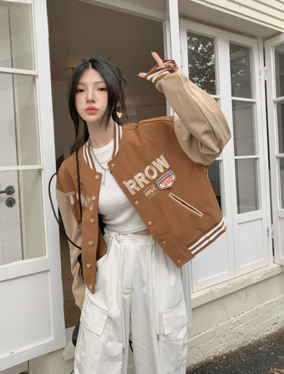 X491 Autumn new baseball jacket women's spring and autumn contrast color splicing