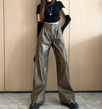 X124 New casual drawstring leather pants female tide