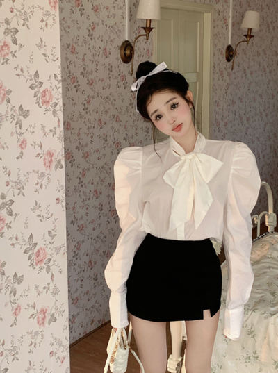 X493  White Tea French lace-up large bow puff sleeve shirt