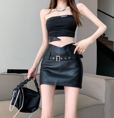 X377 Summer 2023 new high-waist slim skirt PU belt belt  skirt woman