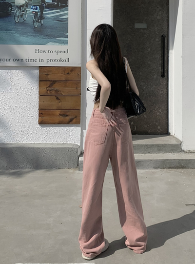 X298 pink high waist loose straight wide leg mopping pants denim trousers