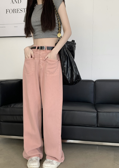X298 pink high waist loose straight wide leg mopping pants denim trousers