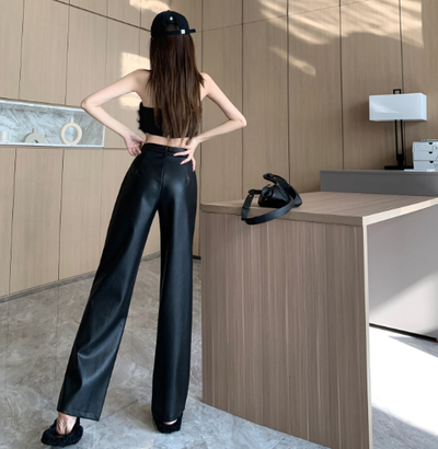X353  new straight slim casual pants soft PU leather personality loose wide-leg pants female