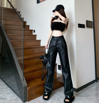 X353  new straight slim casual pants soft PU leather personality loose wide-leg pants female