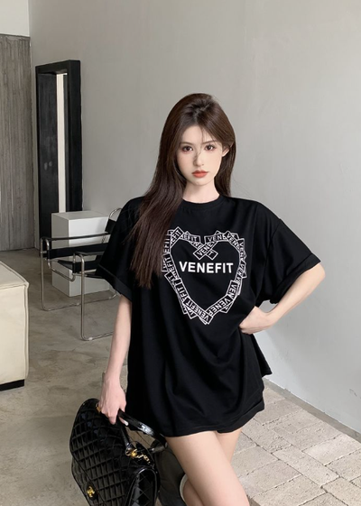X449  spring and summer new  letter printing loose mid-length gallery-shaped wide version short-sleeved T-shirt trendy