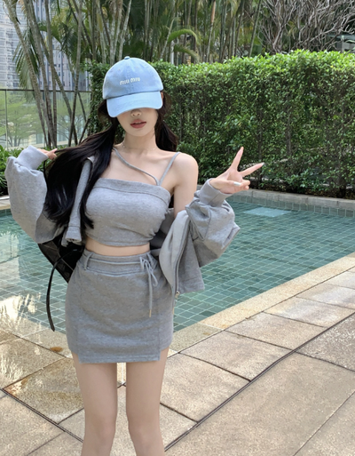 X507  spring and summer new product gray suspender skirt loose jacket~three-piece suit