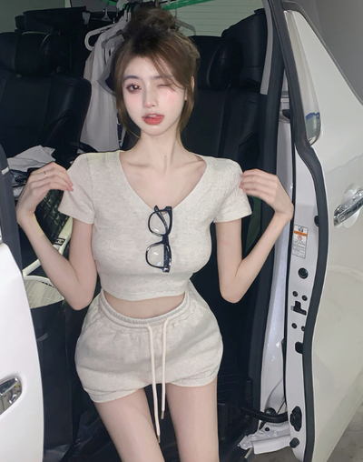 X509  casual suit female V-neck short-sleeved slim-fit T-shirt loose shorts two-piece set