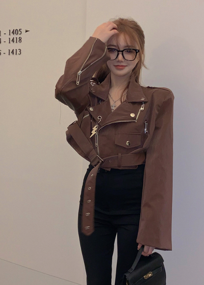 W972 leather glossy PU leather jacket leather jacket woman