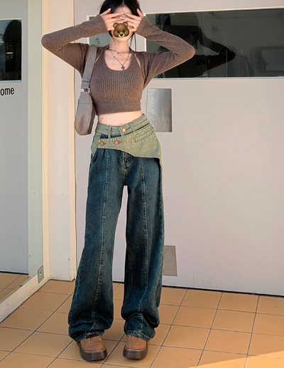X514  high waist designer style loose retro wide leg denim mopping trousers women
