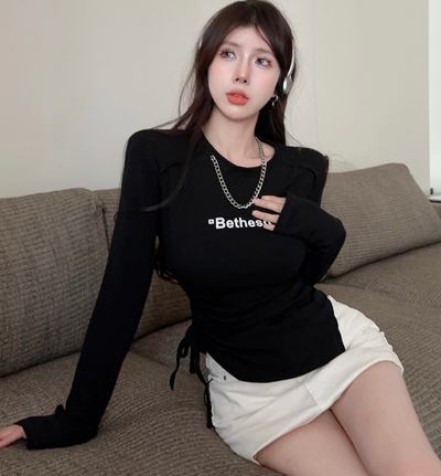 X519 spring Korean version of the necklace letter drawstring top women's design sense niche waist irregular t-shirt women
