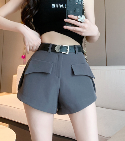 X527 belt suit shorts all-match slim A-line wide-leg pants กางเกงขาสั้น+เข็มขัดสไตส์เกาหลี