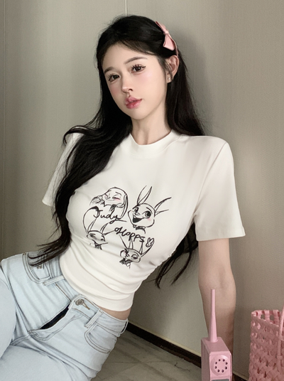 X623 short sleeve T-shirt design sense cartoon print rabbit crop top women