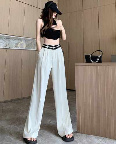 X538  spring and summer suit white high-level drape suit double belt loose wide-leg casual mopping trousers