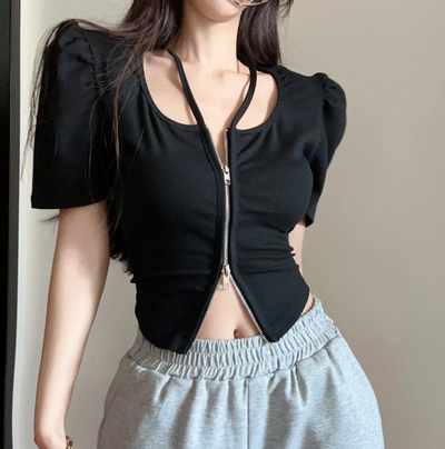 X628  design sense niche double zipper short-sleeved t-shirt women 2023
